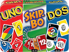 Mattel Games Set of 3 Games with UNO Skip-Bo & DOS Travel Games for Kids & Family Night with Storage Tin Box
